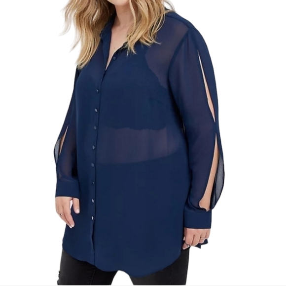 Torrid Navy Cold Shoulder Chiffon Tunic Top Plus Size 1 - Picture 1 of 11